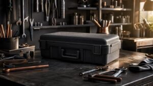 Workbench with an unmarked tool case in warm workshop light
